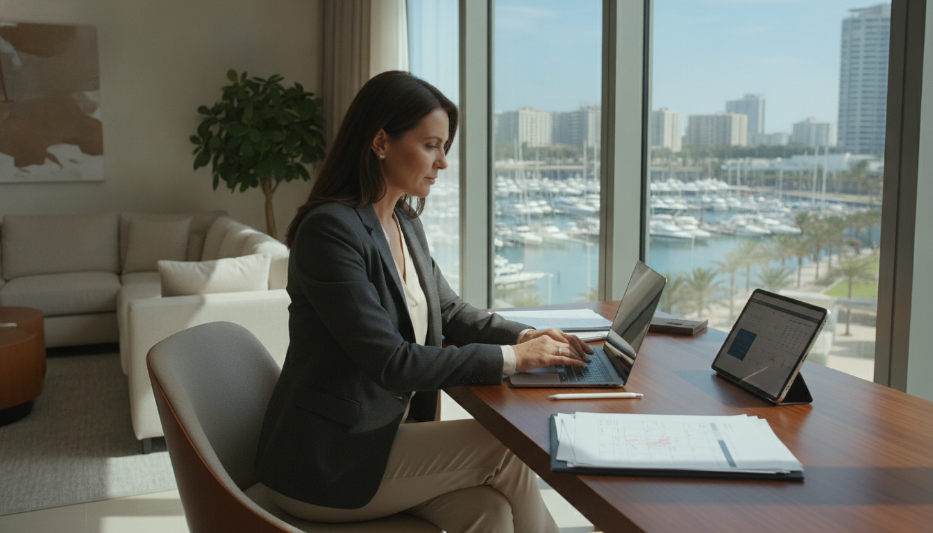 Selbstbewusste Frau verwaltet eigene Finanzen am Schreibtisch mit Blick auf die Marina