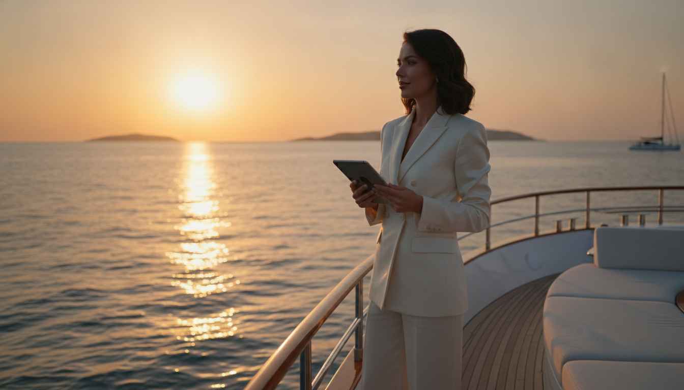 Frau auf Yacht-Deck denkt bei Sonnenuntergang über finanzielle Absicherung nach