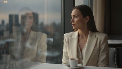 Nachdenkliche Frau blickt in einem Luxusrestaurant aus dem Fenster auf die Skyline